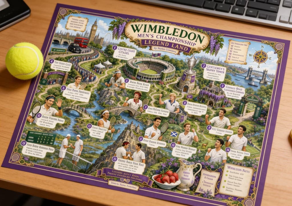 Wimbledon Men's Championship Legend Land map print on a desk