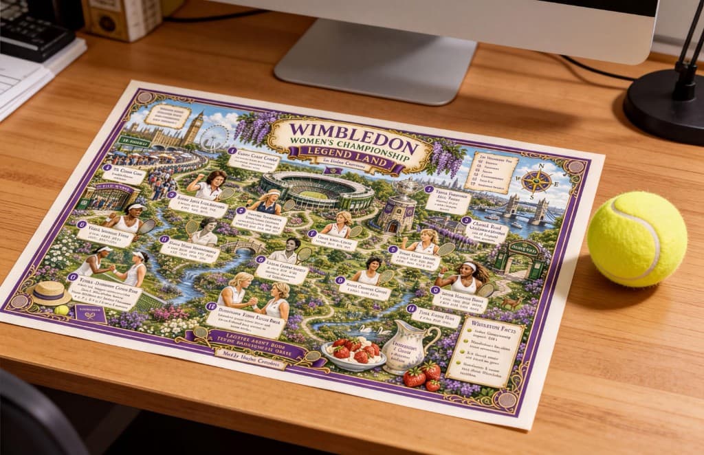 Wimbledon Women's Championship Legend Land map print on a desk